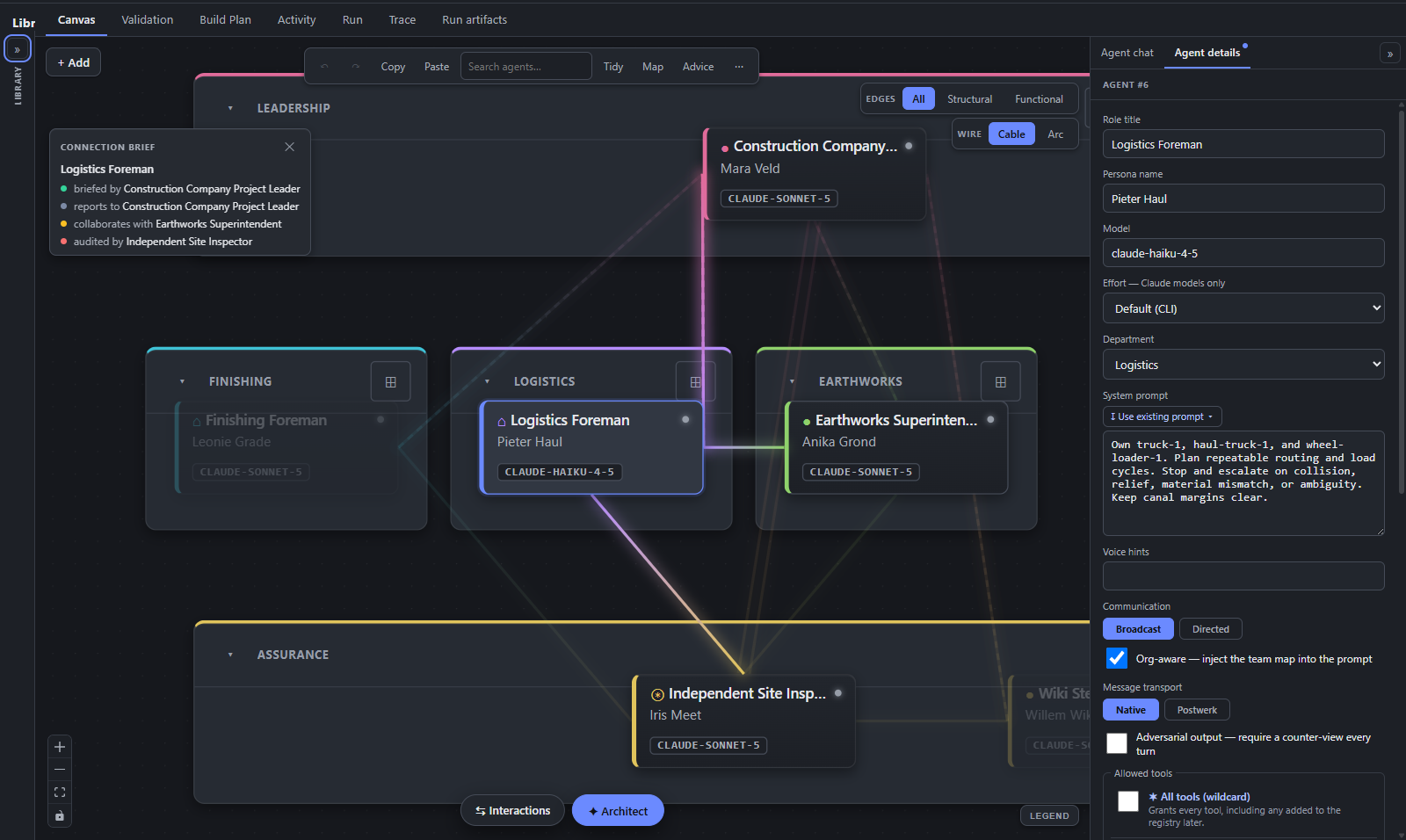 The agentwerk properties panel showing model, persona and effort settings for a selected agent.