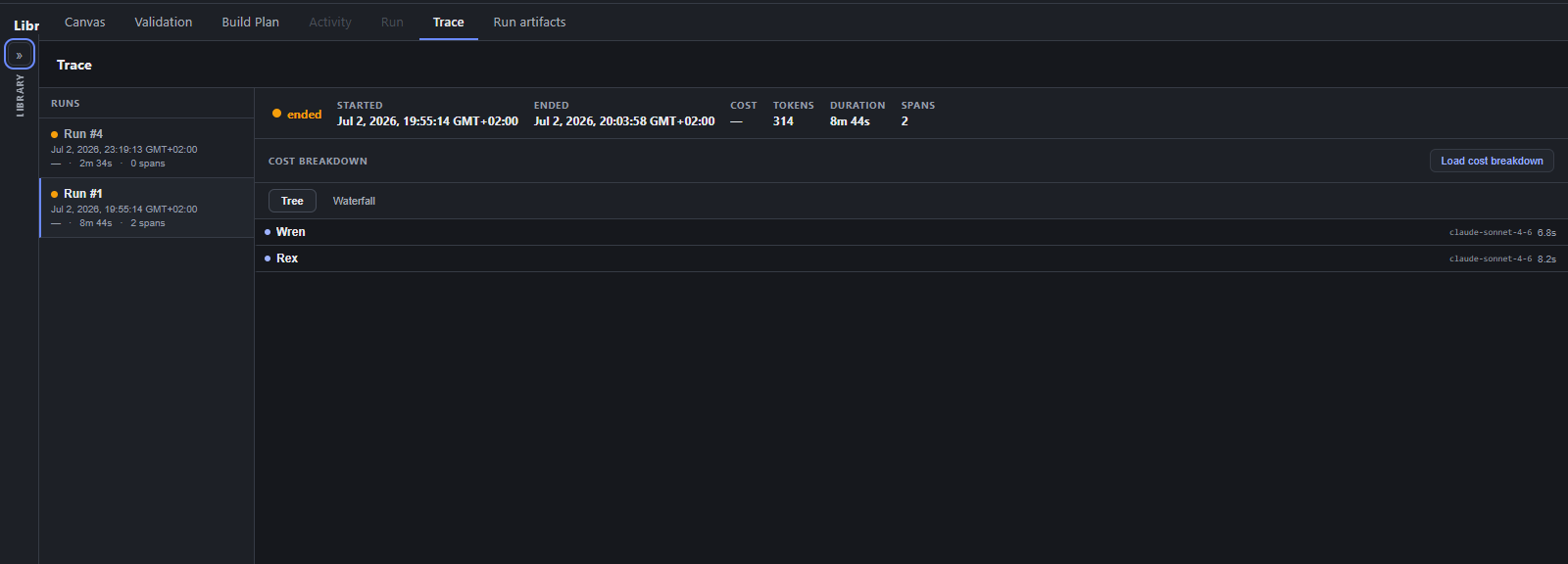 The agentwerk run history list showing cost, tokens and outcome for each run.